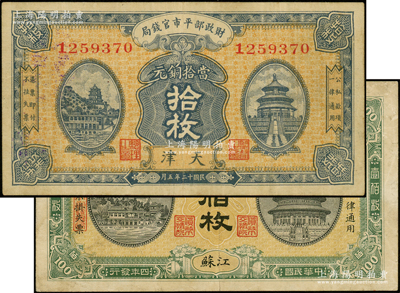 财政部平市官钱局铜元票2种，详分：1915年当拾铜元壹佰枚，江苏地名；1923年拾枚，天津地名；海外藏家出品，七五至八成新