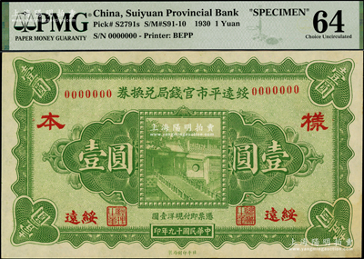 民国十九年（1930年）绥远平市官钱局兑换券壹圆样本券，绥远地名，北平印刷局制；资深藏家出品，少见，PMG 64 UNC