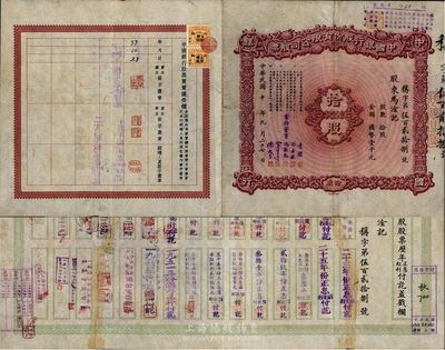 民国十年（1921年）中国银行股份有限公司股票，拾股国币壹千元，由常务董事李铭、张嘉璈、冯耿光、宋子文、陈光甫签名，背面兑付股息状况至1963年，少见，背有贴痕，七成新