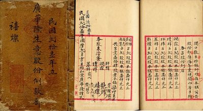 民国贰拾壹年（1932年）广华隆生意股份例款部一册，该公司设于广东四邑赤坎，共集股14股，每股银500元，内中对发起缘由、公议章程、股东名录等均有详尽之记录，极富传统内涵；此股份簿之股东禧灿氏占壹股计银伍佰员；保存尚佳，敬请预览