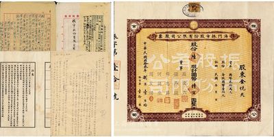 民国贰拾叁年（1934年）海门振市股份有限公司股票，陆股计国币陆百圆；此海门乃今浙江台州市椒江区，票上董事屈文六，即为民国初期之浙江都督屈映光氏；附带有资料若干，内含股份登记办法、清理初步方案等，颇具研究价值；少见，八成新