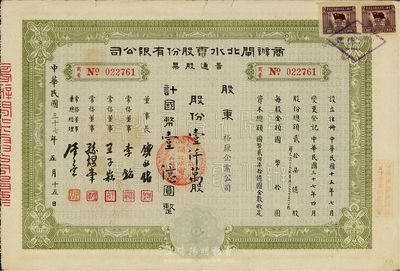 民国三十七年（1948年）商办闸北水电股份有限公司普通股票，绿色壹仟万股计国币壹亿圆，面额惊人，七五成新