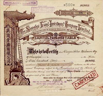 1931年（上海）英商业广有限公司（地产公司）股票，棕色面额500股（每股规银5两），此为上海早期之老牌地产公司，其英文名称可直译为“上海房地产投资有限公司”，八五成新
