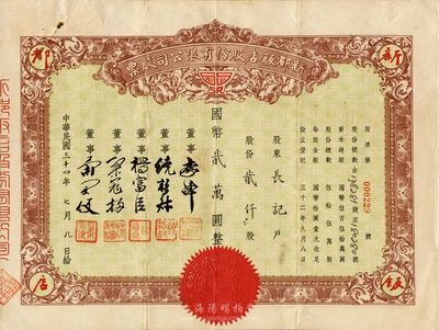 民国三十四年（1945年）新都饭店股份有限公司股票，贰仟股计国币贰万圆，八成新