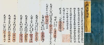 光绪三十一年（1905年）同仁泰盐业公司（恒贞堂）烫金息折1本，由恒贞堂入股规银伍千两计壹股，付息状况至1931年；该公司乃清末状元张謇创办于启东吕四，资本总额银12万两，分作24股；罕见，八成新