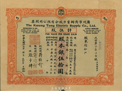 民国拾叁年（1924年）广州市商办电力股分有限公司股票，伍股计股本银伍拾圆，附带有原息摺，罕见，八成新