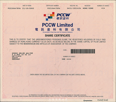 2003年(香港)电讯盈科有限公司股票1股，该公司为香港富豪李嘉诚企业，由其子李泽楷掌管；有水印，九五成新