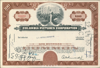 1965年（美国）哥伦比亚电影公司股票，定额100股，票上印有其特色的“自由女神”标志图；八五成新