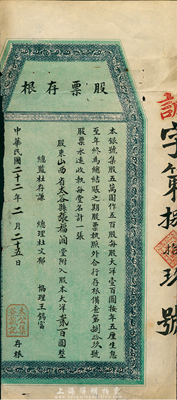 民国二十二年（1933年）太谷公集诚记（银号）股票存根，计股本大洋贰百圆，该银号之正式股票尚未见面世，七成新