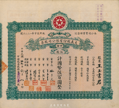 民国廿七年（1938年）上海·友义股份有限公司股票，甲种伍股计国币伍百圆；该公司创办于1936年，可谓是中国近代电影业的“开山鼻祖”，股票上董事周剑云、张石川均为中国第一代电影导演，少见，八五成新