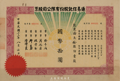 民国三十二年（1943年）通易信托股份有限公司股票，壹股计国币拾圆，其承购股东潘志铨氏出身买办世家，为上海著名小开，曾任怡和洋行买办，家族显赫一时；八五成新