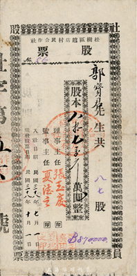 民国三十八年(1949年)松树区赵店村民合作社股票，87股计87万元，背面规则中以“东北银行流通券”为货币单位；东北解放区之老股票，七成新