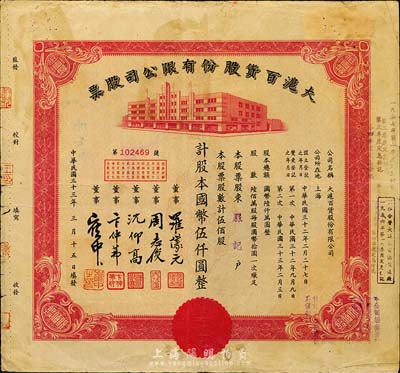 民国三十三年（1944年）大沪百货股份有限公司股票，红色伍佰股计国币伍仟圆，票上董事周志俊乃北洋政府财政总长周学熙之次子；七五成新