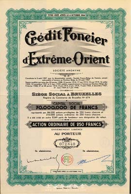 1944年义品放款银行股票，绿色普通股250法郎，票上有天津英文地名，法国藏家出品，八五成新