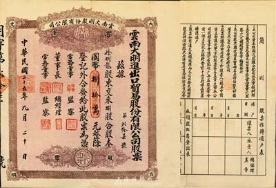 民国三十五年（1946年）云南大明进出口贸易股份有限公司股票，捌股计国币捌拾万元，棕紫色印刷，少见，八五成新