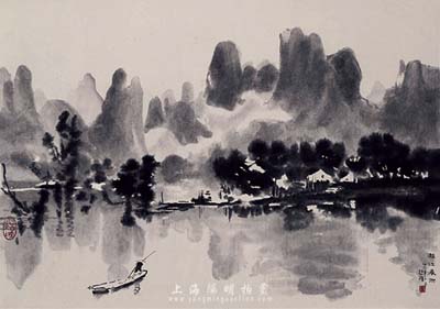 徐悲鸿《漓江春雨》山水卷轴书画一件，属50年代荣宝斋木板水印，保存极佳，敬请预览