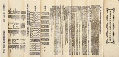 宣统三年（1911年）商办广澳铁路有限公司招股简章一份，内列有详细章程及附列公司预算表、发起人、赞成员等信息；八成新