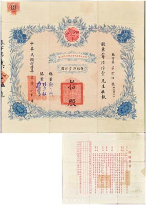 民国拾肆年（1925年）包头振业房地实业股份有限公司股票，拾股计股洋壹仟圆，上印嘉禾花卉图，形制精美；罕见，八成新