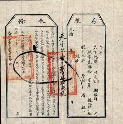 光绪年（1907年）农工商部奏办·京师自来水有限公司股票收条，未填用附带有存根，八五成新