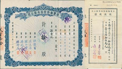 阜丰面粉股份有限公司股票2种，详分：1943年股票拾股计国币壹千元，正中印有地球图；1947年股款收据，拾陆万伍仟股计壹百陆拾伍万元；八成新