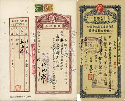 民国二十六年（1937年）四川美丰银行股款收据，拾股计法币壹仟圆，其上股东为四川军政要员林冰骨氏，附带有存根，八成新（另附1935年四川美丰银行·总行新屋落成纪念储金·乙种整存整付储蓄存单1张，面额银圆壹佰圆，由总经理康心如签署）