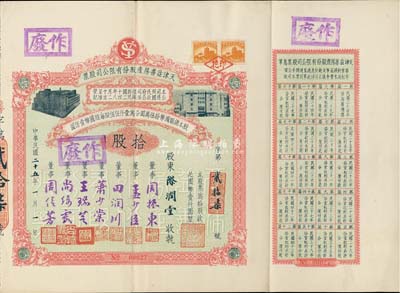 民国二十五年（1936年）天津益善房产股份有限公司股票，拾股计国币壹仟圆，附带有息单；票上董事乃是周信芳等京剧名角和票友等，八成新