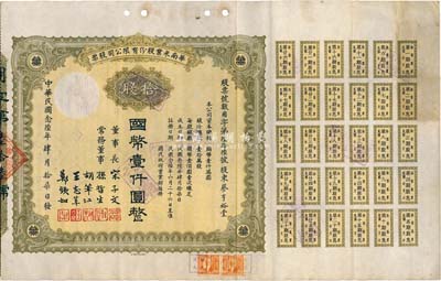 民国念陆年（1937年）华南米业股份有限公司股票，拾股计国币壹仟圆，附带有息票；该公司为国民政府之官僚企业，票上均由宋子文、孙哲生（即孙中山长子孙科）、胡笔江（交通银行董事长）、王志莘（著名金融家）、郑铁如（香港中国银行经理）签署发行；八成新