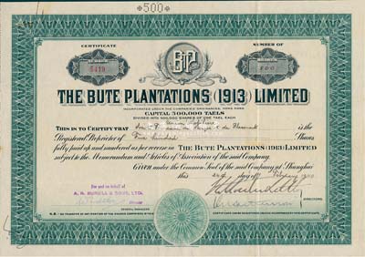 1940年英商Bute种植园公司股票，面额500股（每股银1两），该公司注册于香港，而股票发行于上海，也许曾与橡皮股票风潮相关；八成新