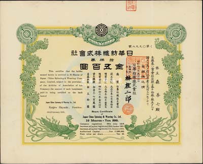 昭和拾六年（1941年）日华纺织株式会社株券，拾株券金五百圆，有水印；日军占据上海时期老股票，八五成新