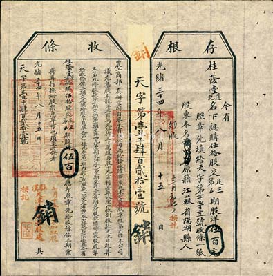 光绪三十四年（1908年）农工商部奏办·京师自来水有限公司股票收条，伍拾股计股洋伍百元，由驻汉天津银号收股处换讫，附带有存根；此种流通之实用股票存世颇为稀见，八成新