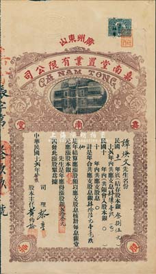 民国十贰年（1923年）广州东山·嘉南堂置业有限公司涨股单（即股票），涨股银贰拾叁元；嘉南堂乃广州著名地产商，其建造的新华大酒店、新亚大酒店被公认是广州最大、最豪华的骑楼建筑；少见，八成新