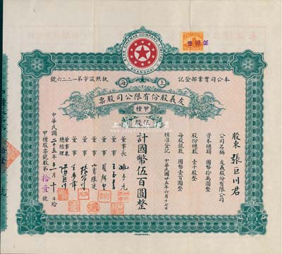 民国二十五年（1936年）上海·友义股份有限公司股票，甲种伍股计国币伍百圆，其号码为“第11号”，票上承购股东张巨川乃张石川之弟，且为该公司董事兼总经理；而票上董事周剑云、张石川均为中国第一代电影导演；八成新