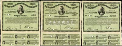 1885年新丽如银行（中国第一家外商银行）抵押债券绿色10镑、50镑、500镑共3种不同样本券，英国藏家出品，源于英国印钞档案，八至九成新
