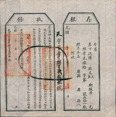 光绪年（1907年）农工商部奏办·京师自来水有限公司股票收条，附带有存根，八五成新