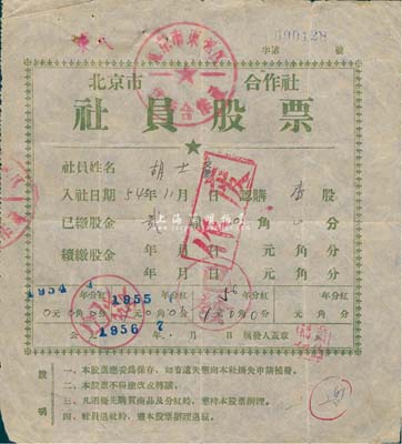 1954年北京市东郊区供销合作社社员股票，壹股计股金贰圆，七五成新
