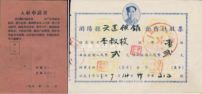 1955年浏阳县六区供销合作社股票，壹股计人民币贰元，上印有毛泽东像；另附1961年合作社“入社申请书”1份；八成新