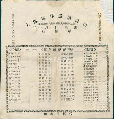 民国拾年（1921年）上海瑞祥股票公司行情单，该公司为华商证券交易所经纪人第43号，票上印有各种公债、股票证券及期货行情；此种最早期的证券业行情单存世极为罕见，值得研究和珍视，八成新