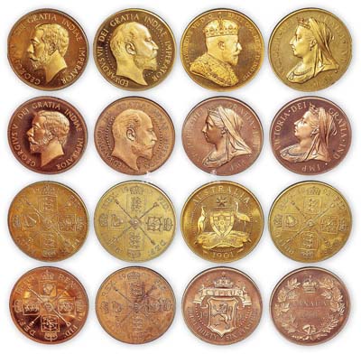 英国造币厂壹圆型银币铜样一组共8枚不同，详分：英国1893年维多利亚女王像黄铜质样币1枚；英属加拿大1901年维多利亚女王像红铜质样币1枚；英属塞浦路斯1901年维多利亚女王像红铜质样币1枚；英属澳大利亚1901年爱德华七世国王像黄铜质样币1枚；英属印度1902年爱德华七世国王像红铜质、黄铜质样币1对；英属印度1910年乔治五世国王像红铜质、黄铜质样币1对；本拍品从英国征集而得
