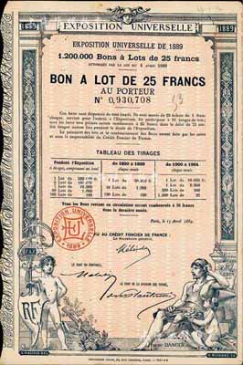 1889年巴黎世博会股票25法郎，少见，...