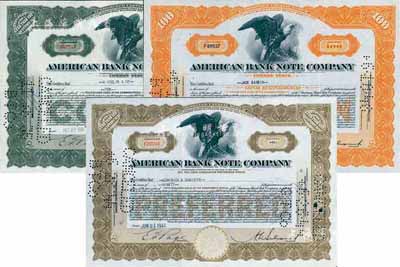美国钞票公司股票共3枚全套，详分：1935年褐色10股计100美元；1944年棕色90股计900美元，1948年黄色定额100股计1000美元，该公司曾帮中国印制过大量钞票；海外藏家出品，八五成新