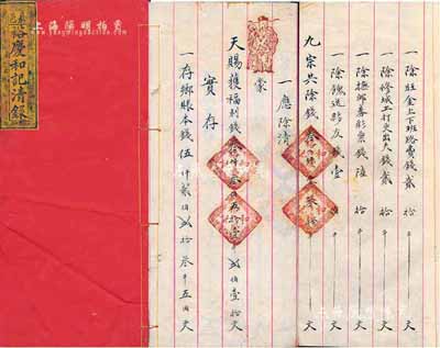 民国十七年（1928年）嘉邑裕庆和记清録（即账目）1册，内中毛笔手书旧管（原资本钱陆千吊）、新收、开除、实存等明细账目，细节在于“馈送夥友钱壹伯千”、“天赐获福利钱叁仟叁伯五拾壹吊贰伯壹拾文”等文字，亦可视同为人力股分红及股份盈利之记录；山西商号之历史实物，保存尚佳，敬请预览