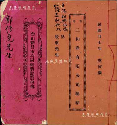 民国股份簿、总结簿各1册，详分：1932年台山新昌均同福星记股份簿，占股本银叁佰员；1938年《香港三和隆有限公司总结》1册，内列进数、支数、盈余、存数、存货等详情；保存尚可，敬请预览
