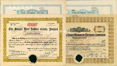 老上海橡胶股票4种，详分：Rubber Trust(橡胶信托)公司股票1931年3股、1941年500股(每股上海规银1两)，版式不同；Sungei Duri橡胶种植园公司1941年100股、1951年8000股，图案不同；此二公司在香港注册，其股票均在上海发行，七至八成新