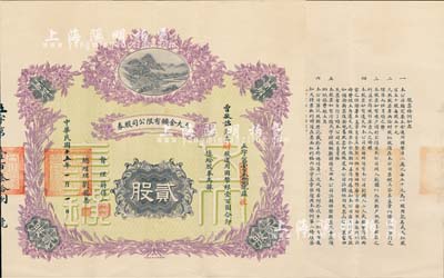 民国十五年（1926年）五大金鑛有限公司股券，（财股）贰股计通用国币银壹百圆，财政部印刷局制印，风格类同于中国银行袁世凯戎装像股票，形制极为美观；中国老股票之珍罕品，亦首度公诸于世，八五成新