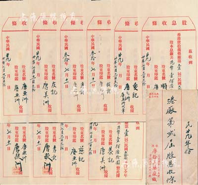 民国叁拾年（1941年）香港唐拾义药厂“民国廿九年份港厂第贰届股息收条”共10枚，每枚面额均为全年股本息银港币壹佰陆拾圆，其股东均为唐拾义之子唐亚洲、唐欧洲、唐美洲、唐非洲、唐七洲等，附带原信封；该药厂乃近代中国著名药号，在民国时代久负盛名，且纯属家族企业，其股东均属唐氏子弟；源于唐氏后人之遗存，罕见，八五成新