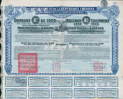 1922年中华民国政府对外发行购买（包宁）铁路设备债券20镑=1200比利时法郎，附带有息票，八成新