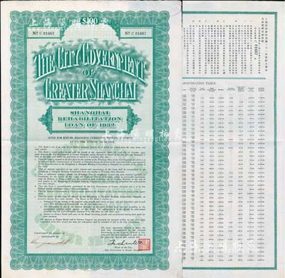 民国二十一年（1932年）上海市灾区复兴市政公债壹百元，正面英文，背面有中文，由上海市市长吴铁城和利安洋行经办人签名，附带有息票；少见，九成新
