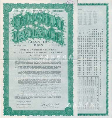 民国二十三年（1934年）上海市市政公债壹百元，正面英文，背面有中文，由上海市市长吴铁城、新丰洋行葛勃生等签名附带有息票；少见，九成新