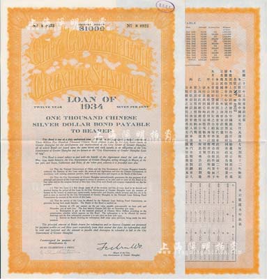 民国二十三年（1934年）上海市市政公债壹仟元，正面英文，背面有中文，由上海市市长吴铁城、新丰洋行葛勃生等签名附带有息票；少见，九成新