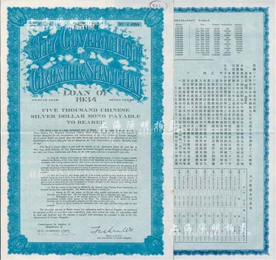 民国二十三年（1934年）上海市市政公债伍仟元，正面英文，背面有中文，由上海市市长吴铁城、新丰洋行葛勃生等签名附带有息票；此最大面额券存世罕见，九成新